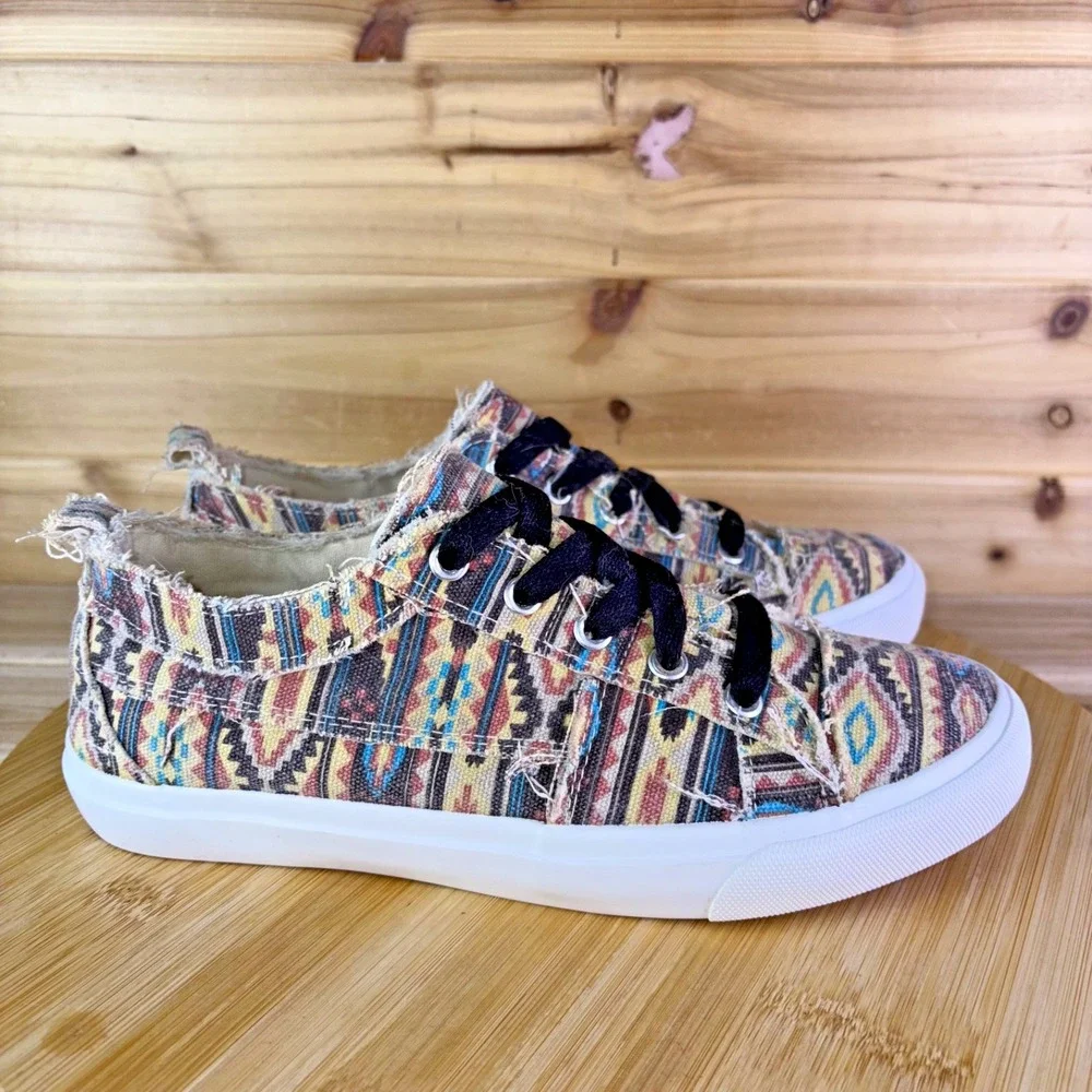 Corkys Slip On Sneakers Womens 8 Babalu Distressed Multicolor Aztec Print Shoes